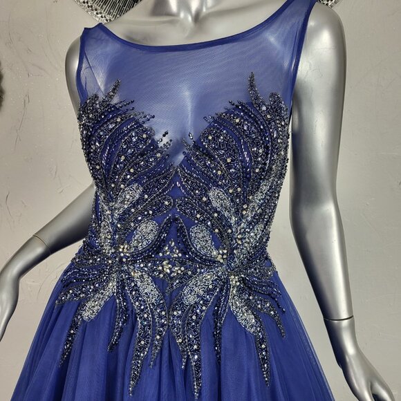 NWT~$625~FLAIR~6~BLUE BEADED EMBELLISHED FIT & FLARE PROM BALL GOWN MAXI DRESS - Picture 7 of 16